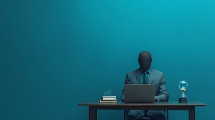 A solitary figure seated at a desk, shrouded in mystery.