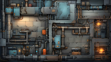 Complex Industrial Plumbing System with Intricate Metal Pipes Machinery and Grid Panels Featuring Gray and Steel Texture