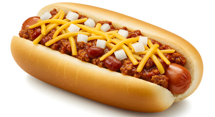 Classic American Chili Dog With Cheese And Onions Isolated On White