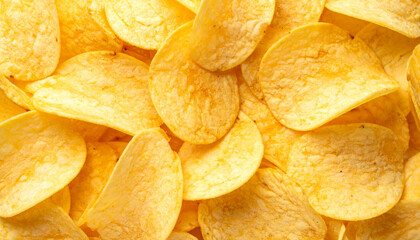 Crispy potato chips in vibrant yellow hue create delightful and tempting background, perfect for snack lovers. texture and shape of each chip add to visual appeal