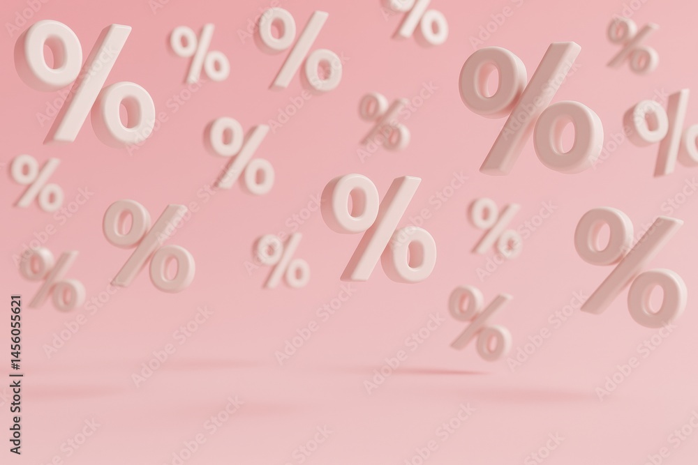 Poster floating percentages create a playful atmosphere against a soft pink background for sales and promot
