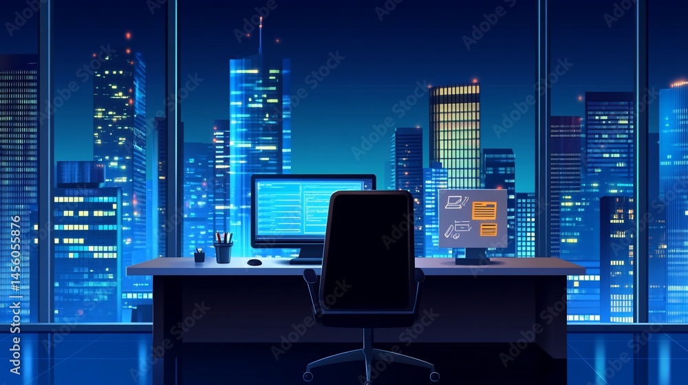 Aufkleber office workspace with desktop computers and a view of the city at night with lit skyscrapers