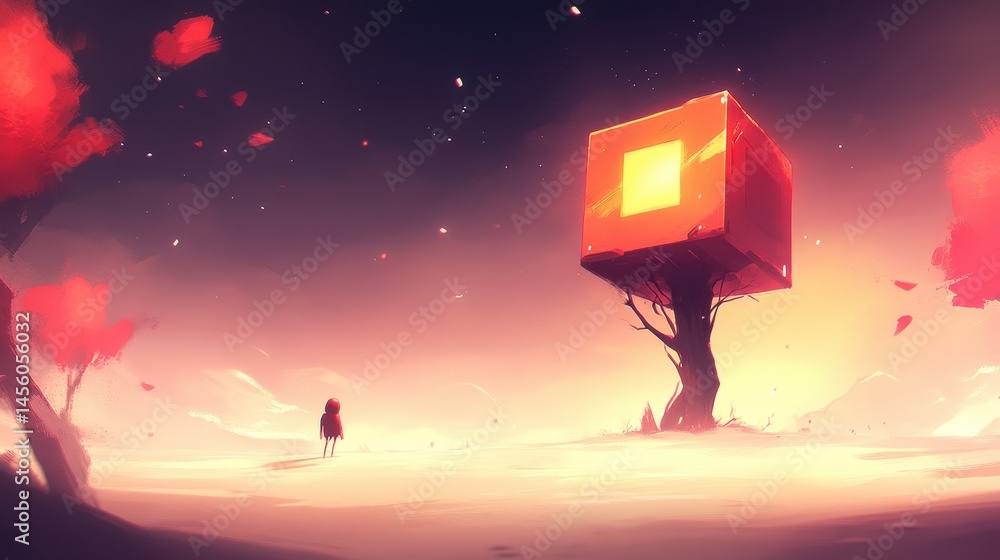 Aufkleber pixelated fantasy landscape at twilight with glowing cube tree and soft hues creating a dreamy and n