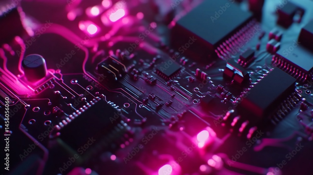Poster detailed close-up view of a circuit board with illuminated pink nodes and electronic components