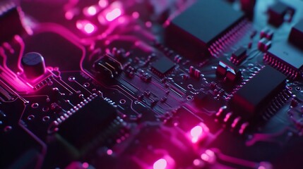 Obraz premium Detailed close-up view of a circuit board with illuminated pink nodes and electronic components