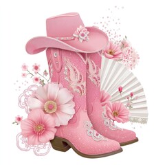 Charming western design with pink cowboy boots and floral accents for romantic decor or greeting card themes