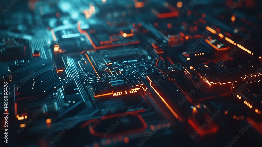 Poster detailed close up view of a complex blue and orange circuit board with interconnecting lines