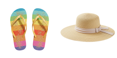 Colorful flip-flops and sun hat on a transparent background  