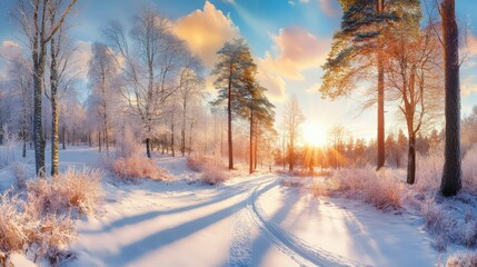 Obraz premium Wide angle shot of pristine snowy terrain and forest with dramatic shadows cast by the low winter sun