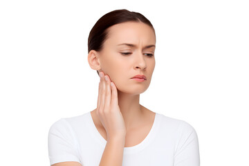 Fototapeta premium Woman touching sensitive teeth expressing dental pain and discomfort isolated on white background