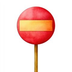 Watercolor children’s book style clipart of a red circular sign with wooden post for educational and decorative use