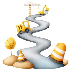 Whimsical construction scene for children's book featuring road with digger and traffic cones in watercolor style clipart for educational design