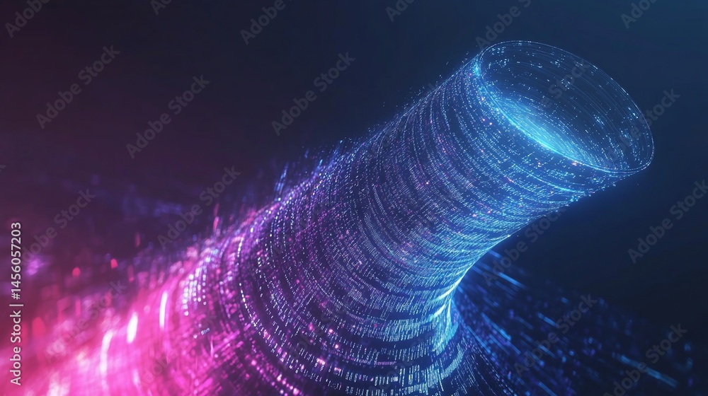Poster abstract data stream flowing in a spiral pattern with vibrant pink and blue lights