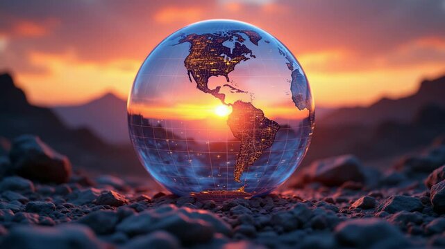 A glass globe with illuminated continents sits on rocky ground, reflecting a vibrant sunset in the background. - Powered by Adobe