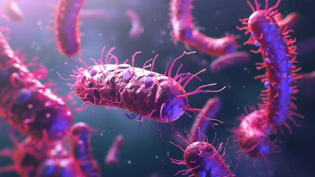 Close up view of several pink and purple bacteria cells with flagella in a blue background