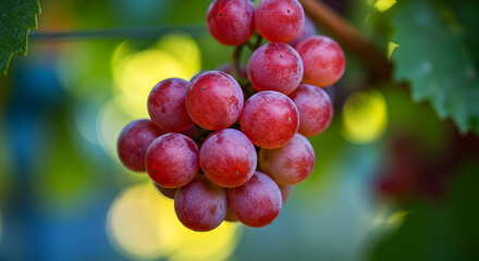 Close Up Of Ripe Red Grapes On Vine With Colorful Background