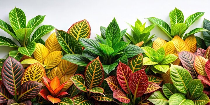 Colorful foliage with large fresh green leaves in a vibrant arrangement, set against a soft white background, evoking springtime renewal and growth , renewal, foliage
