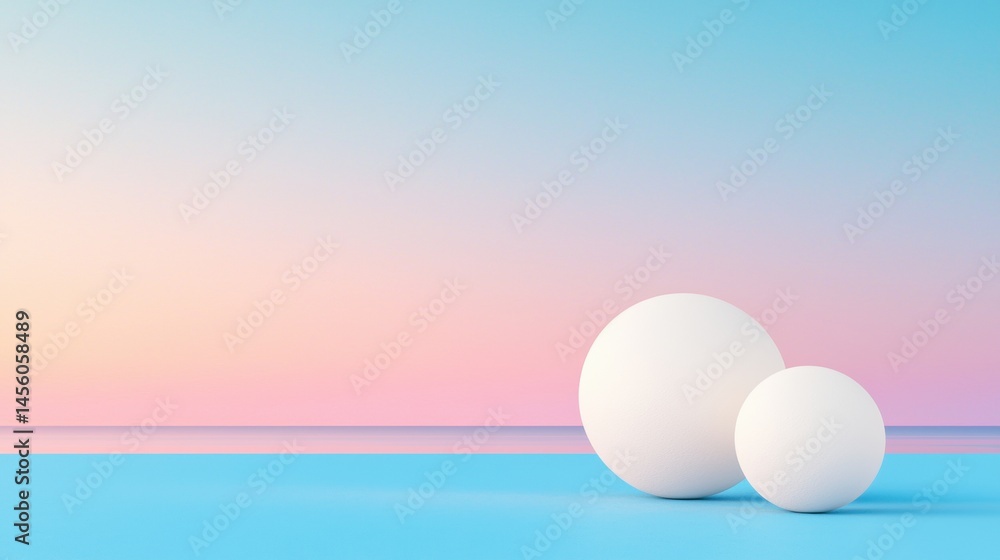 Poster a 3d rendering of two white spheres on a blue surface, with a gradient background of pink and blue.