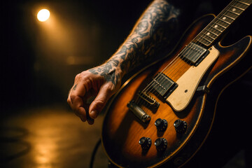 Naklejka premium Ink-covered guitarist prepares vintage hollow-body electric for soulful evening gig illuminated by warm amber stage light and smoky ambience