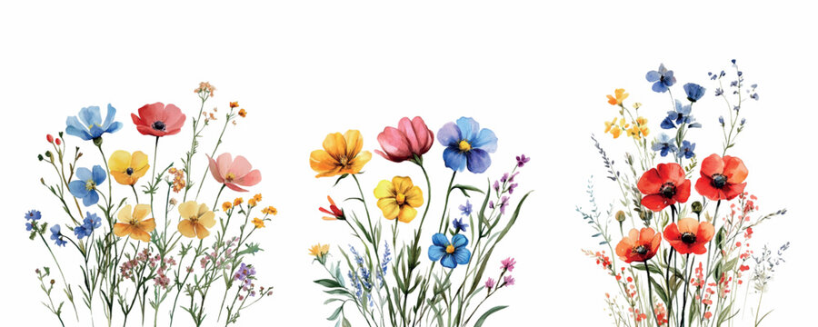 Watercolor set of bouquets of wildflowers on a white background. Wildflowers of poppies, daisies, cornflowers and other flowers in a watercolor style. Elements for designs in a rustic style.
