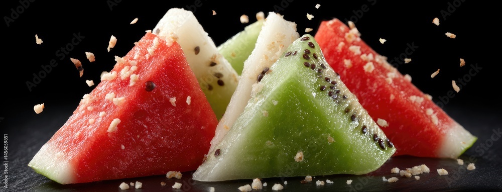 Poster delicious slices of watermelon and kiwi with sugar particles floating in the air on a black backgrou
