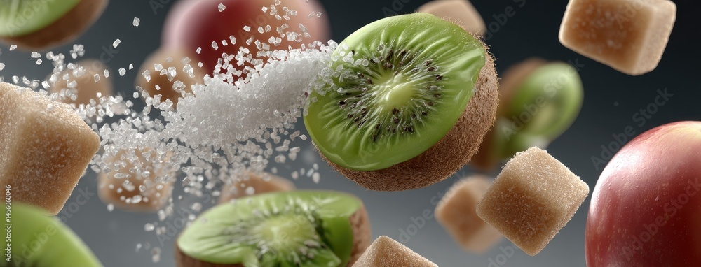 Aufkleber delicious slices of watermelon and kiwi with sugar particles floating in the air on a black backgrou