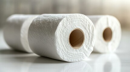 Three rolls of white toilet paper on a white surface
