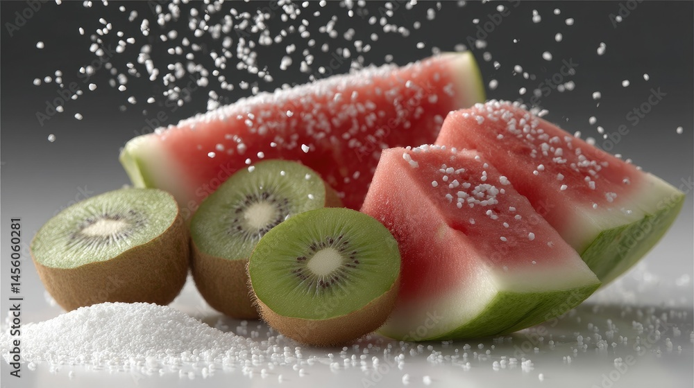 Poster delicious slices of watermelon and kiwi with sugar particles floating in the air on a black backgrou