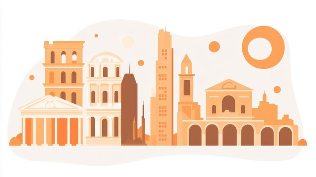 Minimalist city skyline illustration with historic landmarks and warm color scheme evoking travel and architectural design