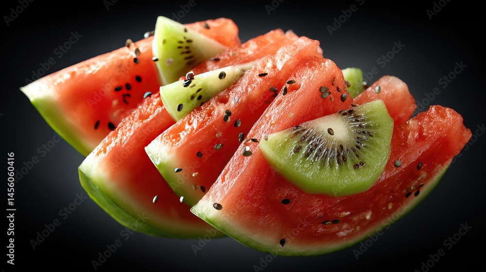 Aufkleber delicious slices of watermelon and kiwi with sugar particles floating in the air on a black backgrou