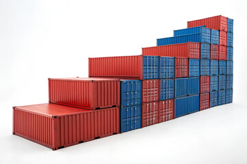 Fototapeta premium Arrangement of red and blue shipping containers stacked in a step-like formation, isolated on a clean white background for conceptual use