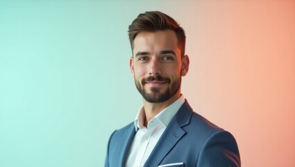 Seo Specialist. Confident businessman with beard in blue suit smiling