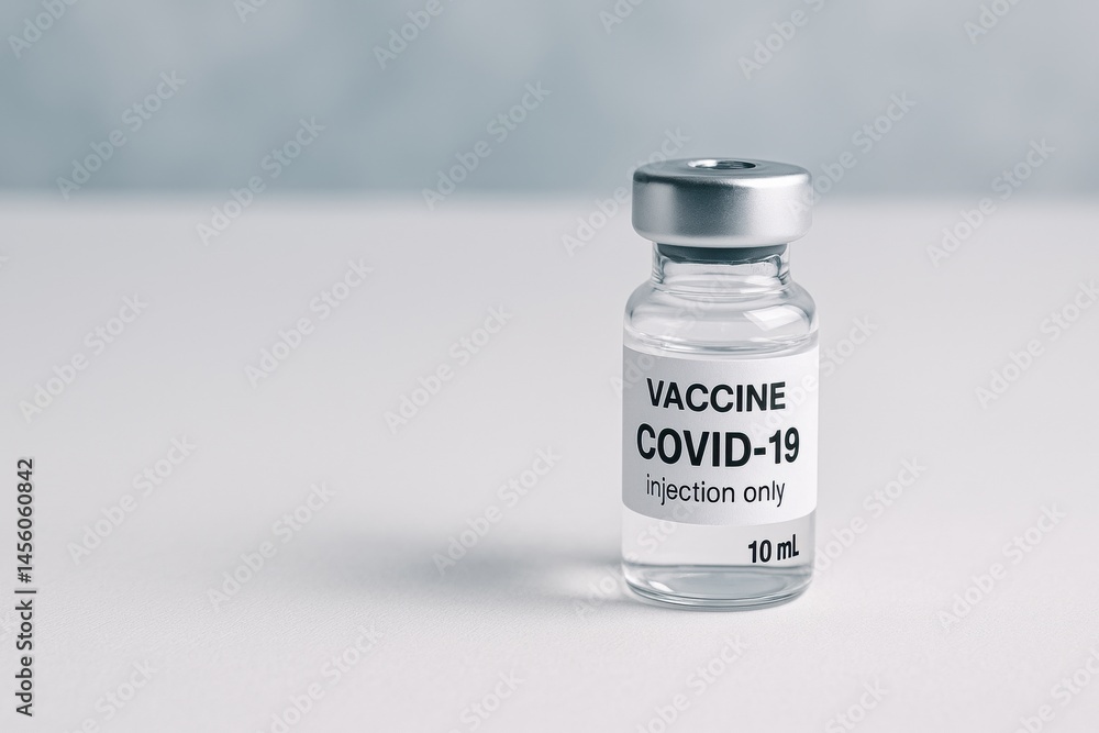 Poster Vaccine Vial for COVID-19 With Clear Label Indicating Injection Only and Volume Measurement Placed on a Plain Surface Generative AI