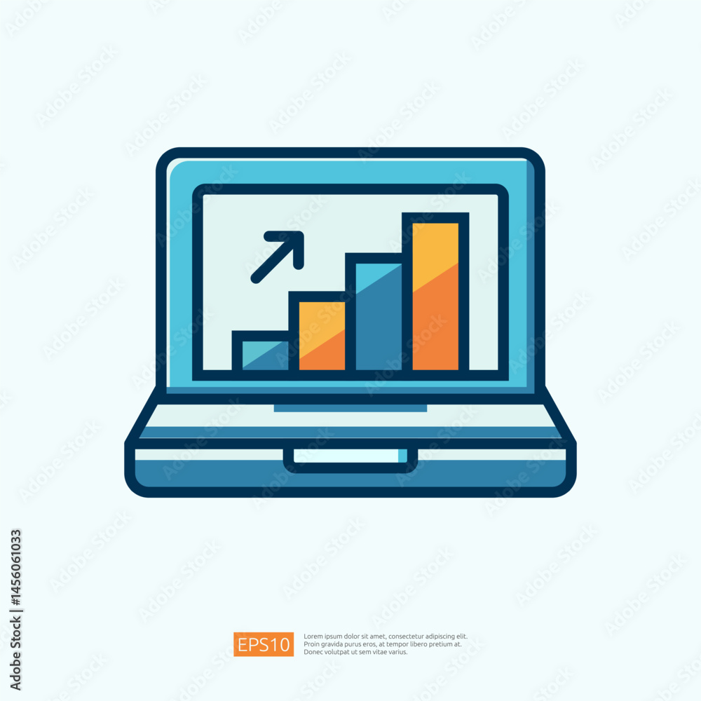 Poster stylized business icon illustration of a laptop displaying a growing chart and data analysis concept