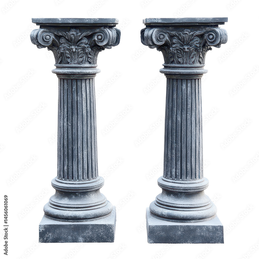 Poster decorative stone columns featuring classical design elements located outdoors in a garden setting du