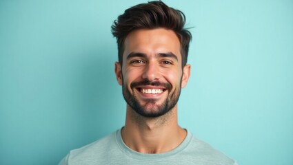 Obraz premium Serp Features. Looks maxing Men face serum Grow therapy Jaw filler Eating for mental health Teeth Whitening Strips Epycure Trip cbd Donefirst Smiling young man with beard in casual shirt on blue ba