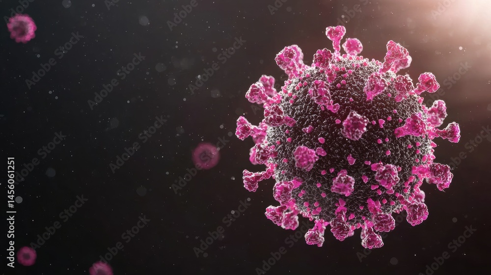 Poster a 3d rendering of a virus particle with a dark center and bright pink spikes.