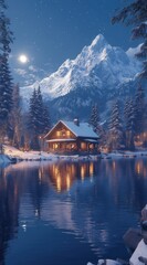 Fototapeta premium Snowy mountain lake reflecting cozy wooden cabin at night.