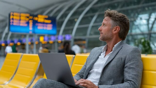 Stylish middle-aged caucasian man in grey suit sits on yellow bench using laptop, looking at departure board inside bright futuristic airport with glass architecture
