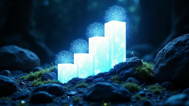 Four glowing, futuristic bar chart columns rise among rocks and moss, emitting a bright blue light in a dark, mystical outdoor setting.