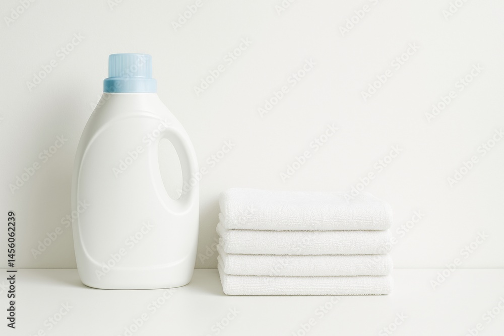 Poster laundry essentials with white towels and detergent bottle on a clean background for effective washin