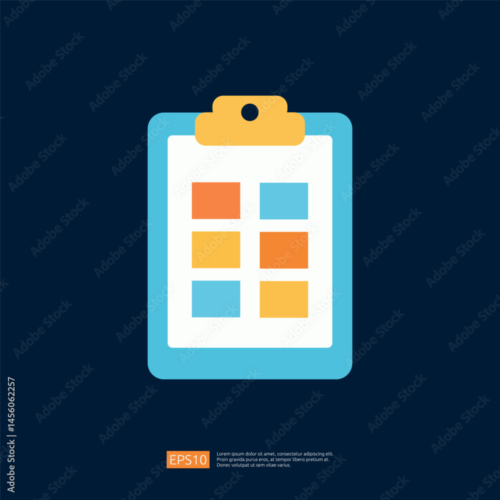 Poster flat design illustration of a colorful clipboard with checklist items in business icon style