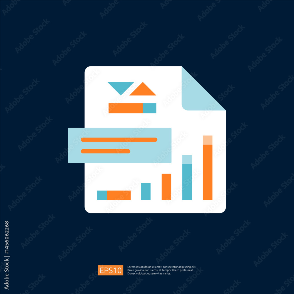 Poster business icon illustration depicting data analysis report with colorful graphs and charts on dark ba