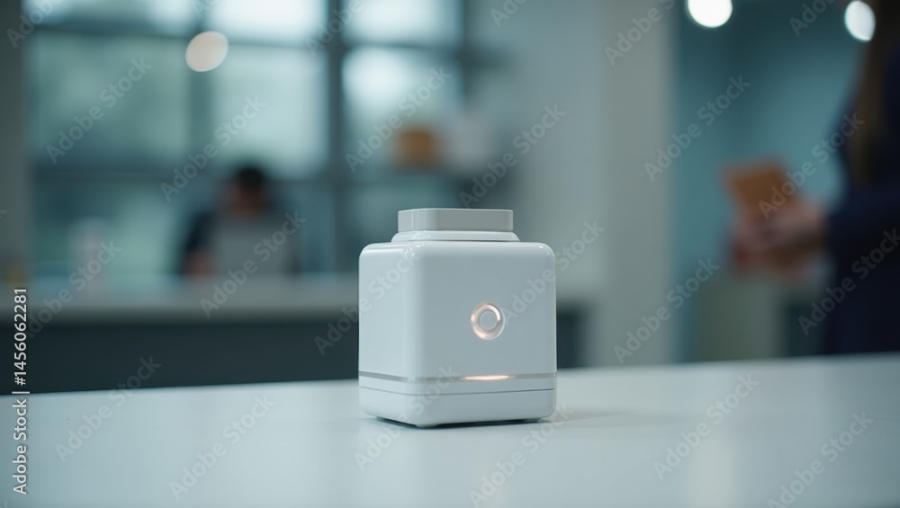 Poster serve robotics. small device. white cube. blurred background. modern