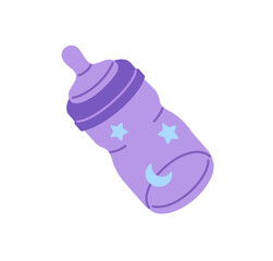 Icon of cute milk bottle with silicone pacifier for baby feeding. Newborns', infants' accessory for eating, drink beverages. Kids' care belonging. Flat isolated vector illustration on white background