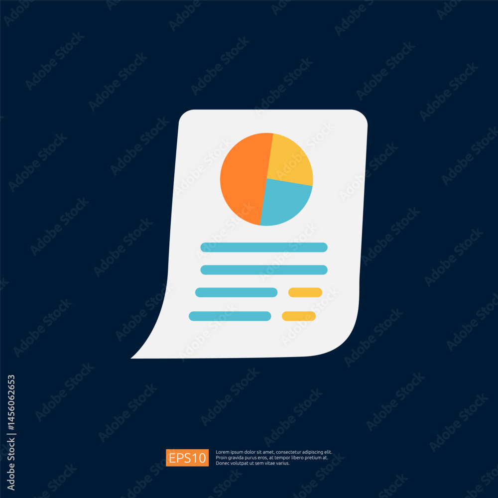 Poster business icon illustration of document with pie chart and data analysis elements in modern design