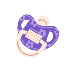 Cute purple nipple is patterned with flowers. Silicone or rubber pacifier for newborns, infants. Baby care accessory icon. Kids toy for suckling. Flat isolated vector illustration on white background