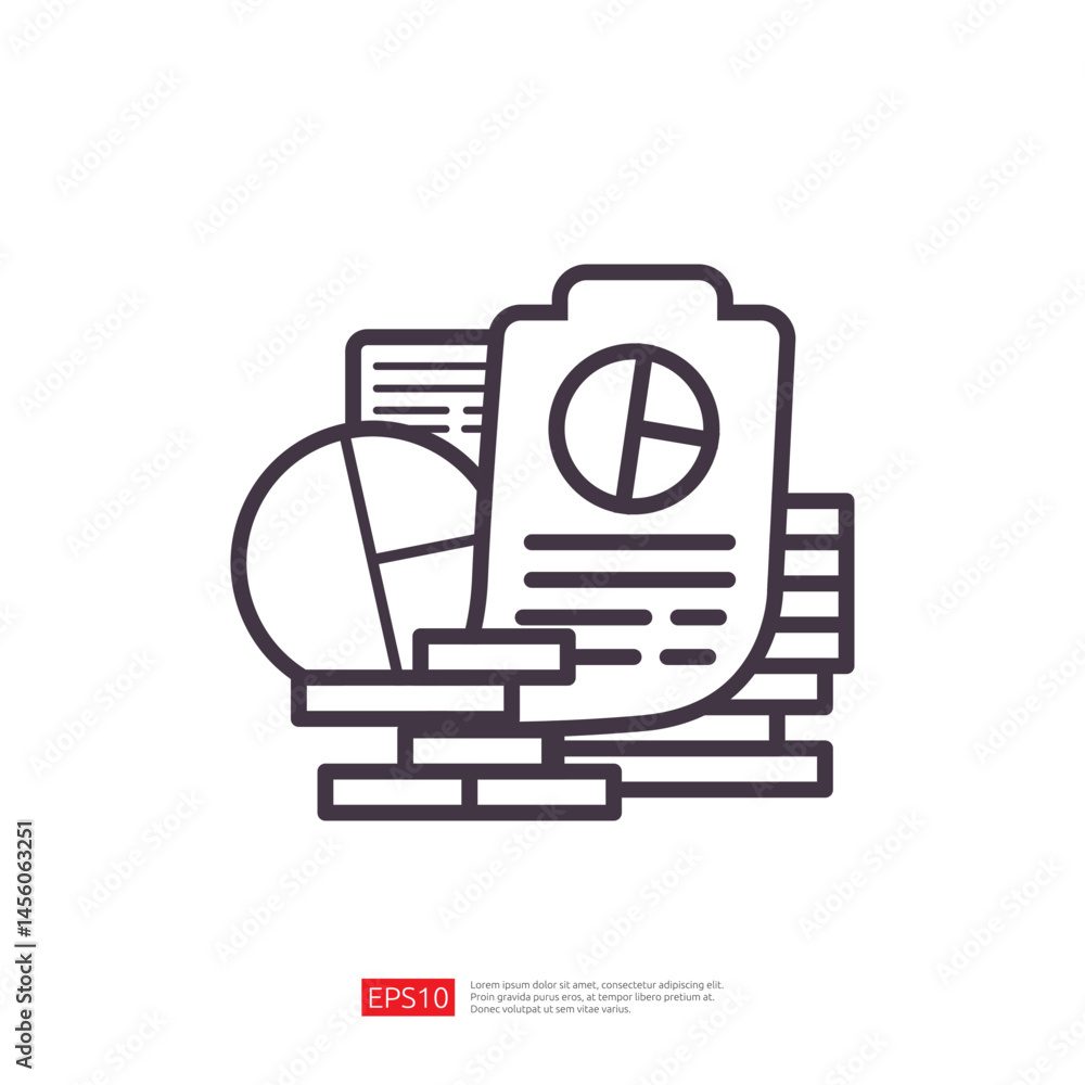 Aufkleber illustration of business icons representing data analysis and growth strategy in a modern workspace 