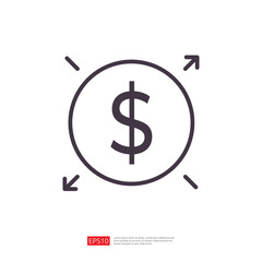 Business Icon Illustration Depicting Financial Growth and Investment Strategies Using Dollar Sign with Expanding Arrows Symbolizing Profit and Value