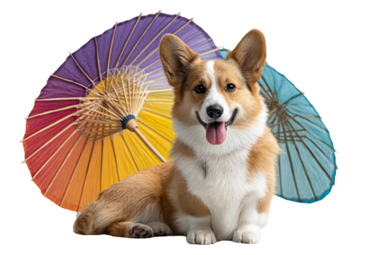 Playful corgi dog poses with colorful umbrellas in studio setting captivating animal portrait cheerful atmosphere close-up view